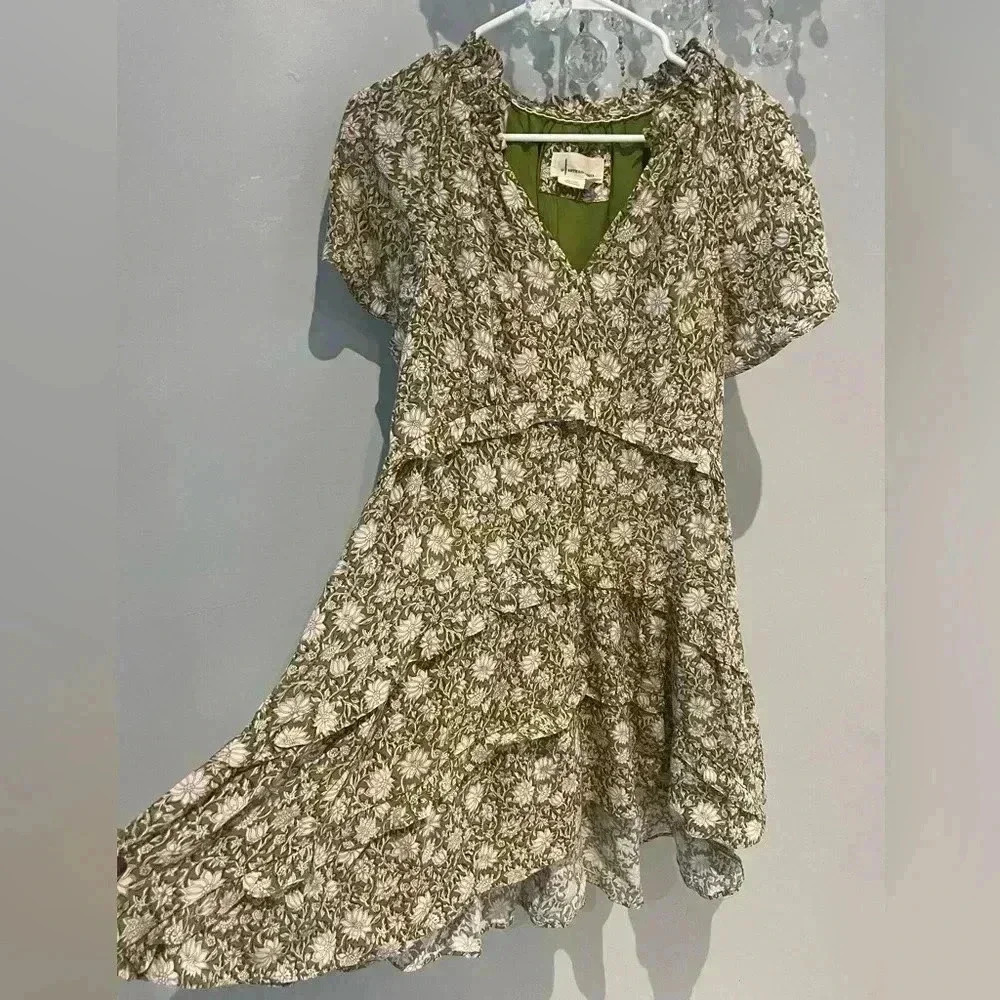 Anthropologie Liberty Floral Ruffles Mini Tiered Dress- Moss SIZE XXS - Picture 3 of 6